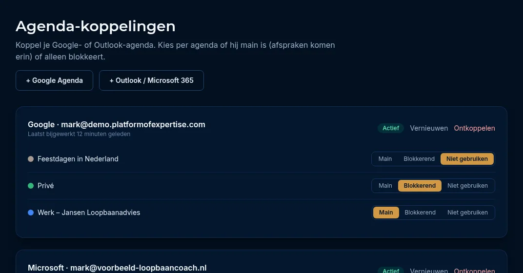 Een gekoppeld Google-account met agenda's in de rollen Main, Blokkerend en Niet gebruiken (voorbeeld)