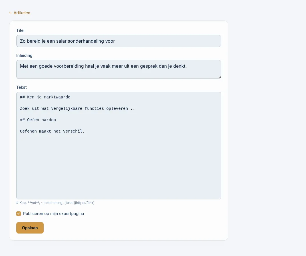 Het artikelformulier met titel, inleiding, tekst en het vinkje Publiceren
