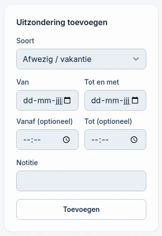 Het formulier Uitzondering toevoegen