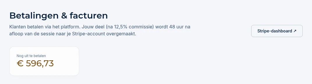 Kop van de pagina Betalingen & facturen met de knop Stripe-dashboard