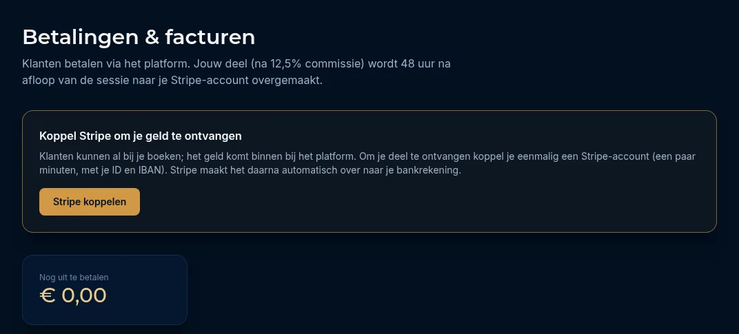 De pagina Betalingen & facturen zonder Stripe-koppeling