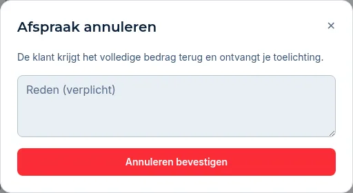 Het venster Afspraak annuleren met de verplichte reden