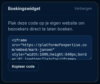 Het widget Boekingswidget met de embedcode en de knop Kopieer code