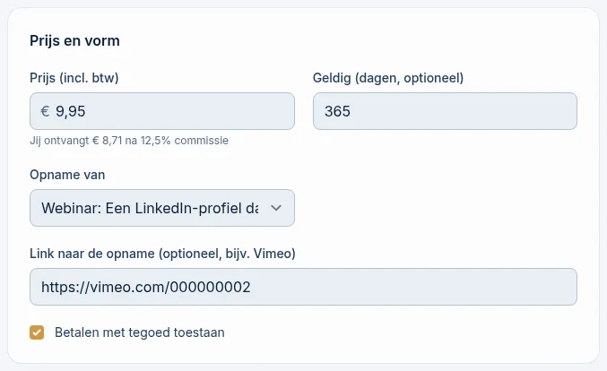 Het blok Prijs en vorm van een opname met Opname van en de link naar de opname