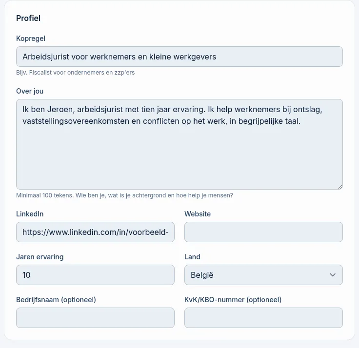 Het blok Profiel van het aanmeldformulier