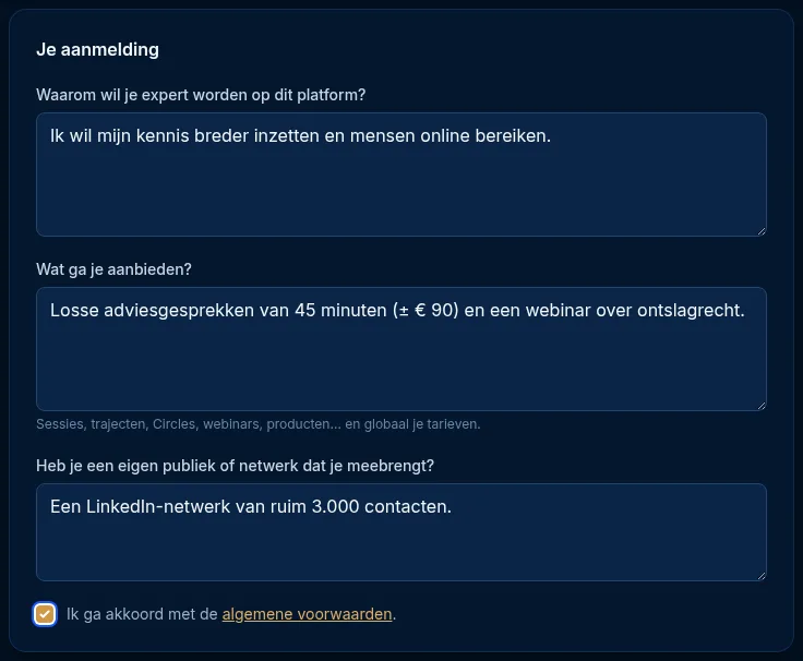 Het blok Je aanmelding met motivatie, aanbod en voorwaarden