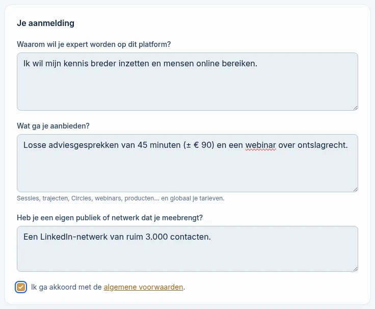 Het blok Je aanmelding met motivatie, aanbod en voorwaarden