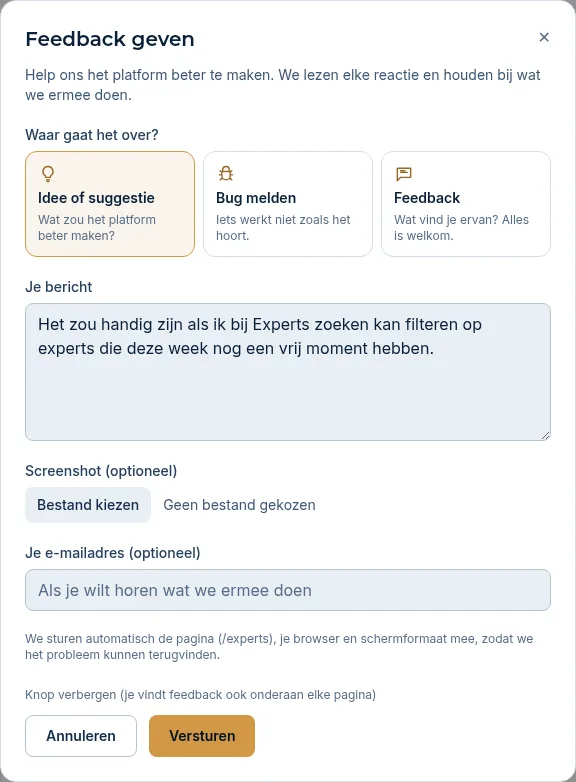 Het feedbackvenster met de keuze tussen idee, bug en feedback