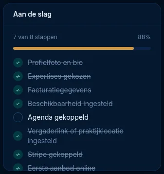 Het widget Aan de slag met 7 van 8 stappen afgerond