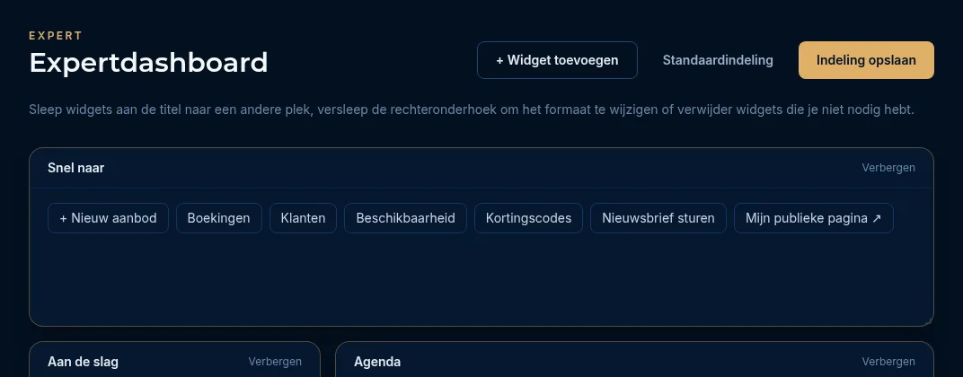 Het dashboard in bewerkmodus met de knoppen Widget toevoegen, Standaardindeling en Indeling opslaan
