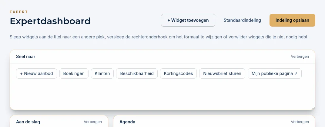 Het dashboard in bewerkmodus met de knoppen Widget toevoegen, Standaardindeling en Indeling opslaan