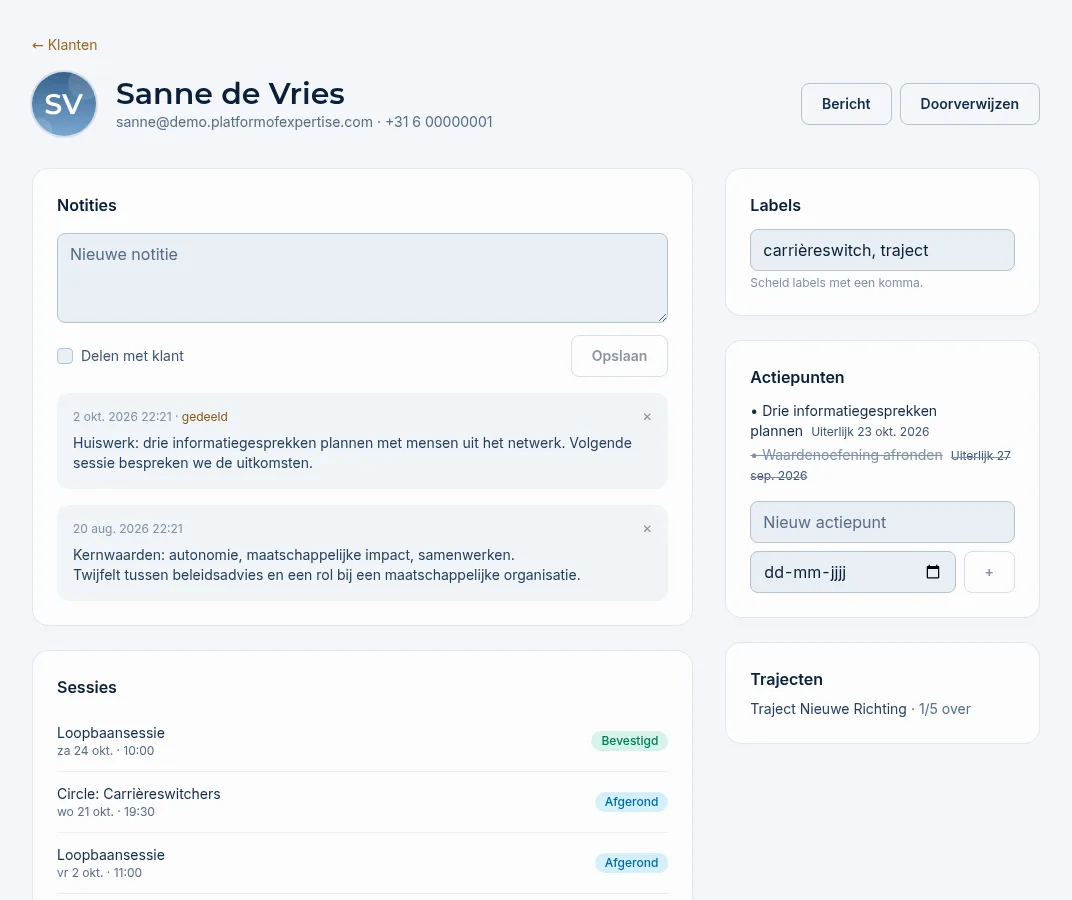 Het klantdossier met notities, sessies, labels, actiepunten en trajecten