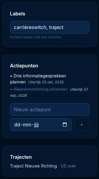 De zijkolom met labels, actiepunten en trajecten