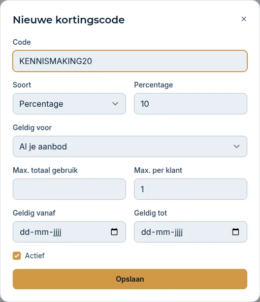 Het venster Nieuwe kortingscode