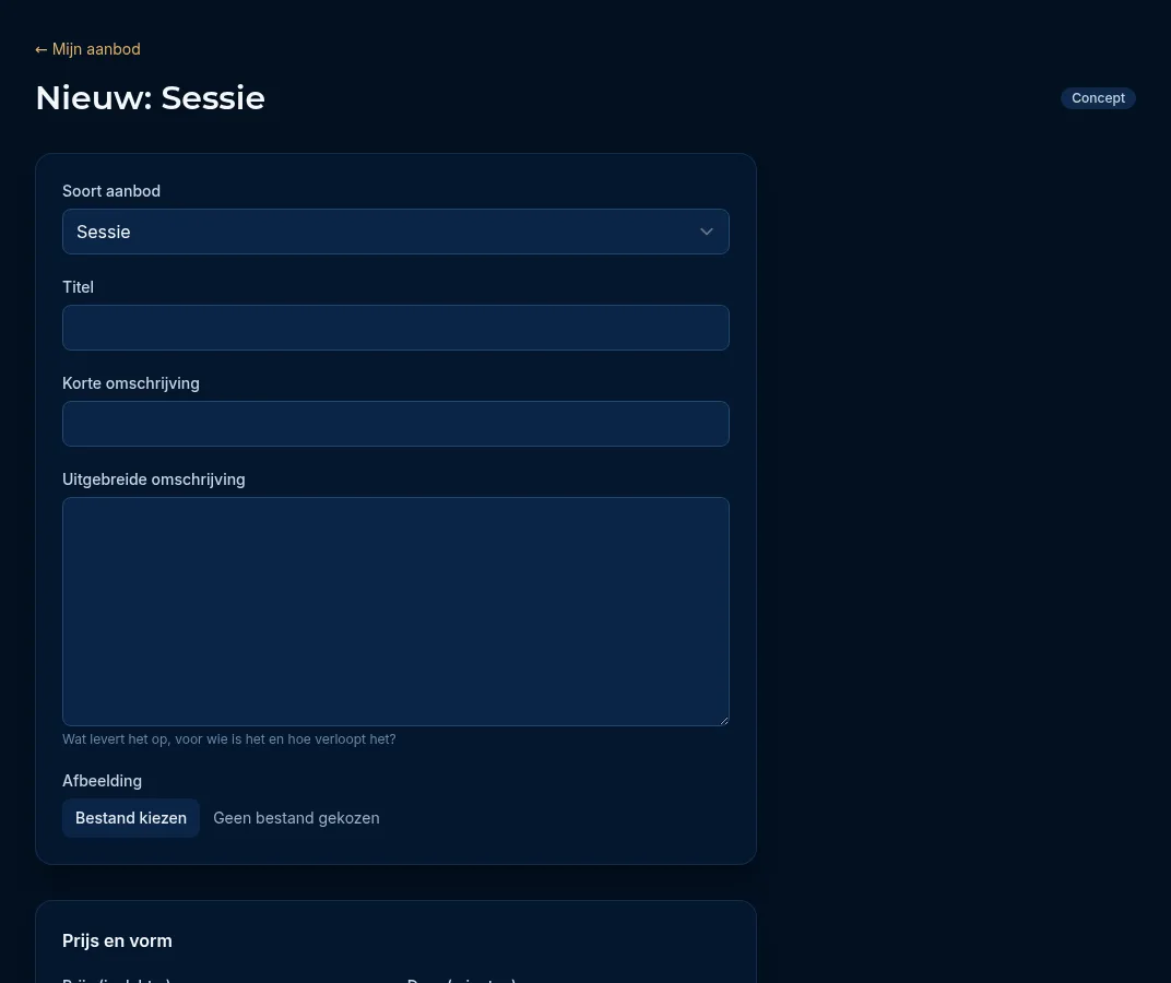 Het formulier Nieuw: Sessie