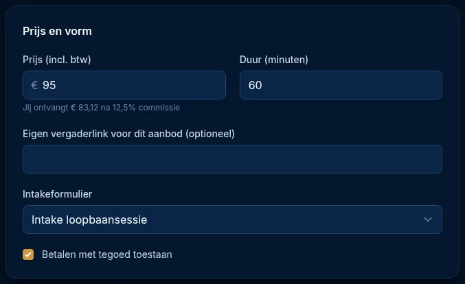 Het blok Prijs en vorm van een sessie