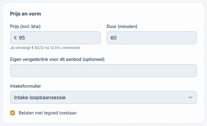 Het blok Prijs en vorm van een sessie