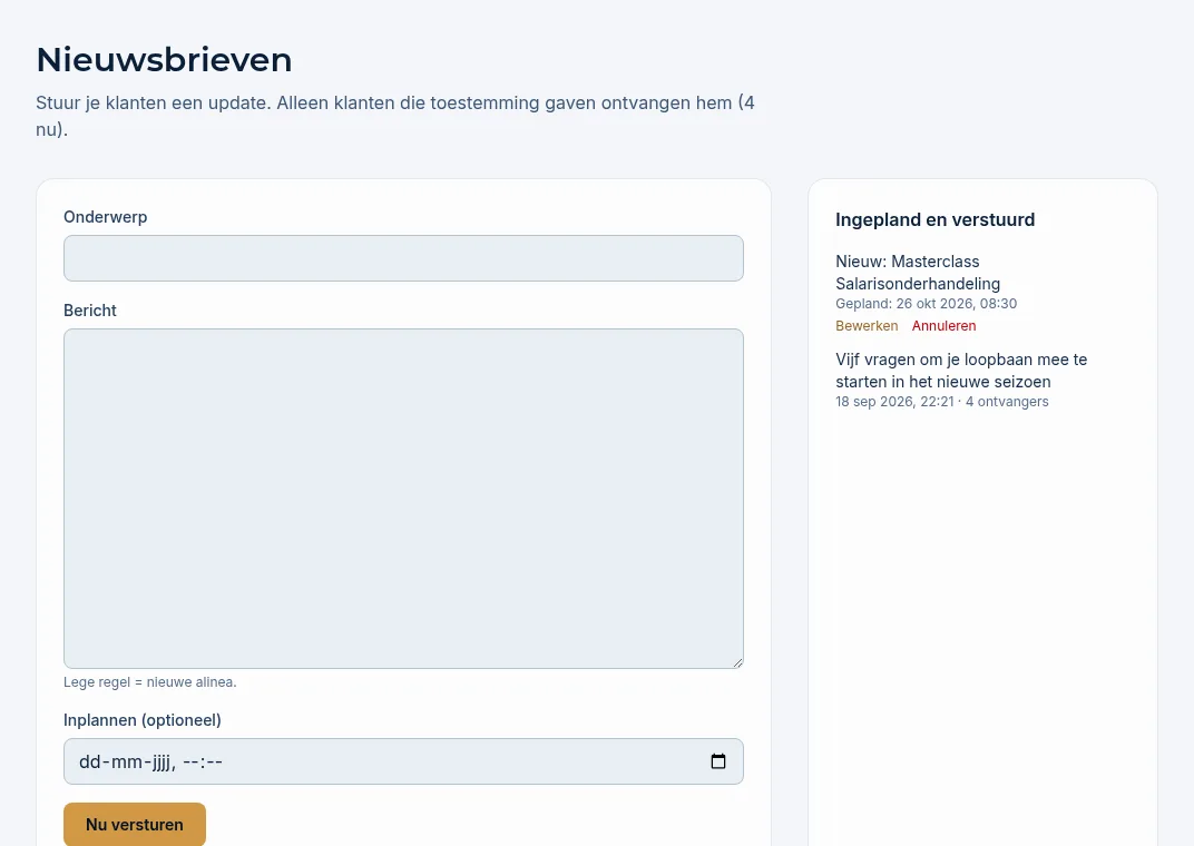 De pagina Nieuwsbrieven met het formulier en de lijst Ingepland en verstuurd