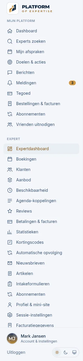 Zijbalk met het blok Expert en alle experttools