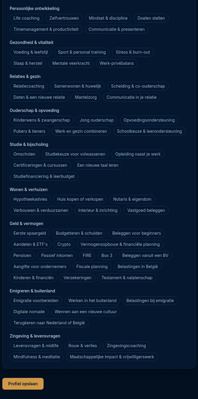 Het blok Expertises met geselecteerde expertises in goud