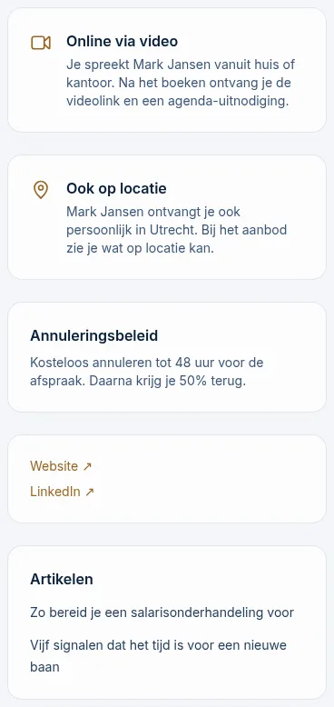 De zijkolom met online via video, annuleringsbeleid en links