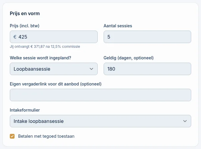 Het blok Prijs en vorm van een traject met aantal sessies, gekoppelde sessie en geldigheid