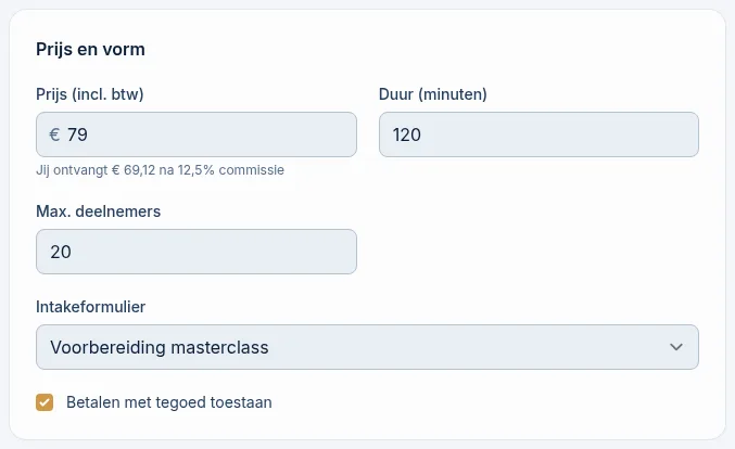 Het blok Prijs en vorm van een masterclass