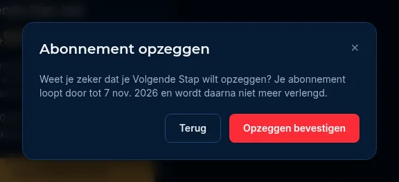Het venster Abonnement opzeggen met de knoppen Terug en Opzeggen bevestigen