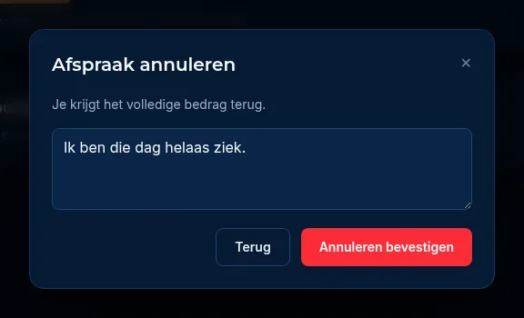 Het venster Afspraak annuleren met de terugbetaling, een reden en de knop Annuleren bevestigen