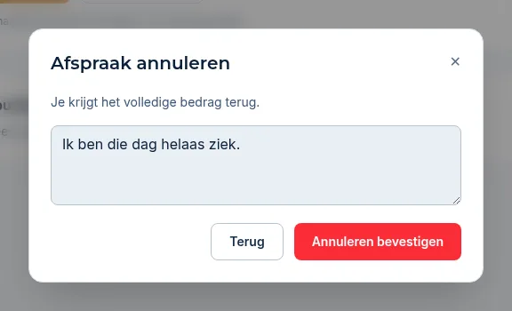 Het venster Afspraak annuleren met de terugbetaling, een reden en de knop Annuleren bevestigen