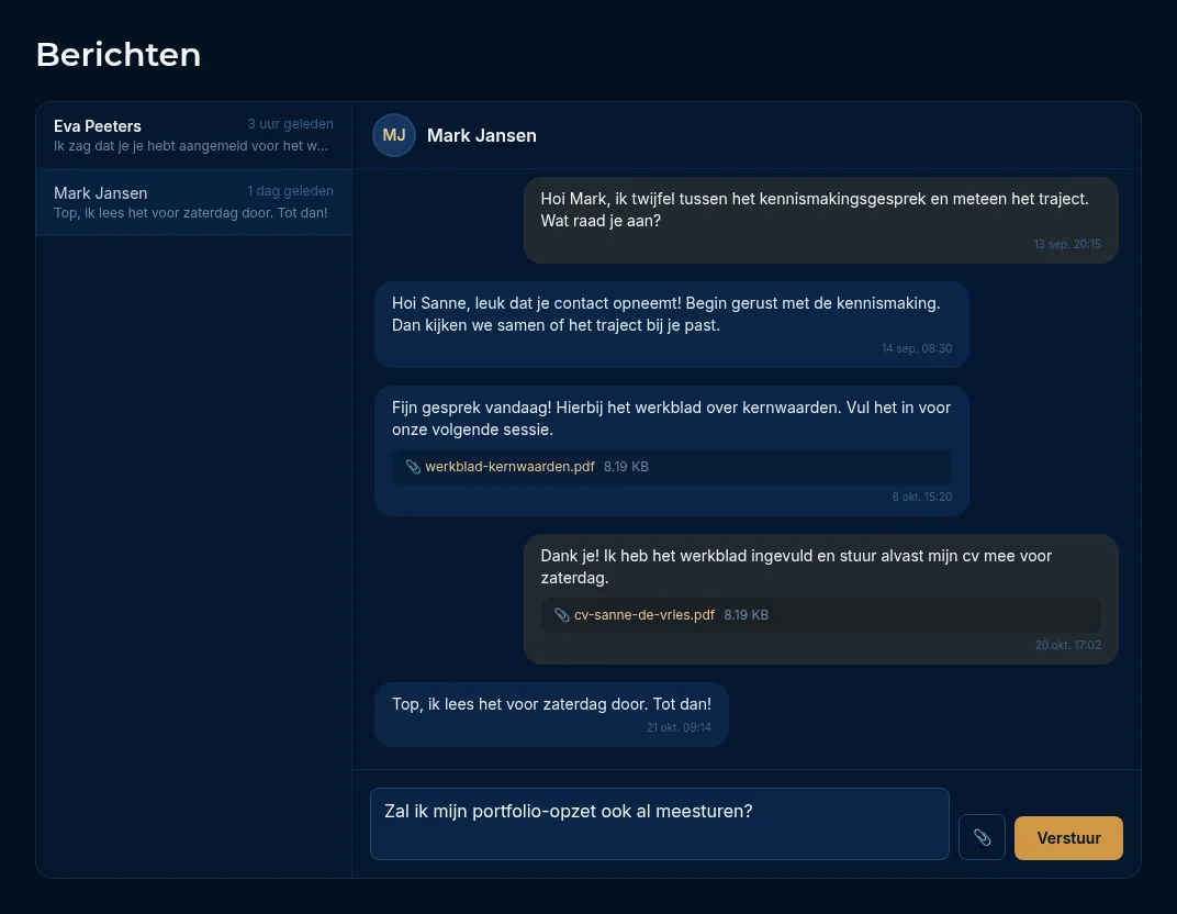 Het berichtenscherm met links de gesprekken en rechts een gesprek met Mark Jansen, inclusief bijlagen