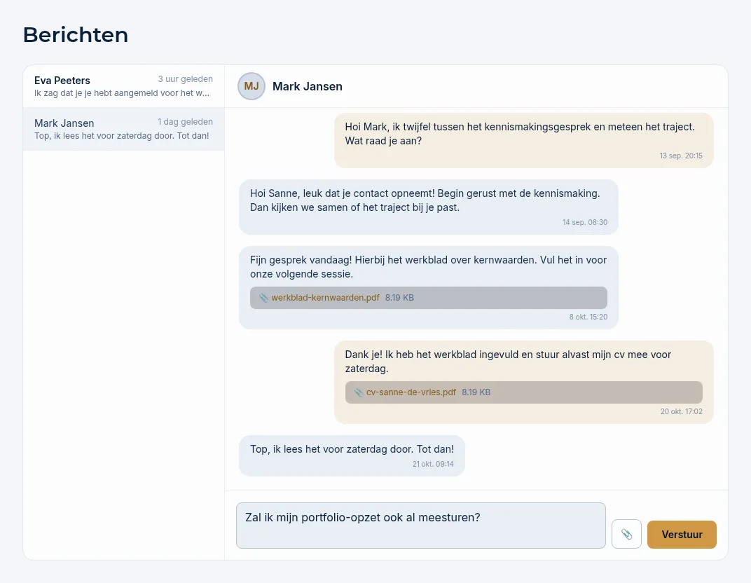 Het berichtenscherm met links de gesprekken en rechts een gesprek met Mark Jansen, inclusief bijlagen