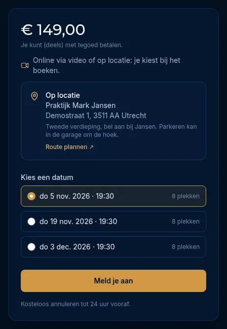 Het blok met de prijs, de keuze Kies een datum met het aantal plekken en de knop Meld je aan