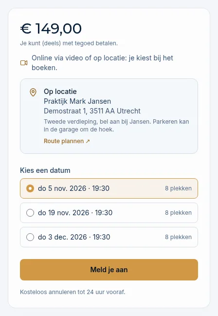 Het blok met de prijs, de keuze Kies een datum met het aantal plekken en de knop Meld je aan