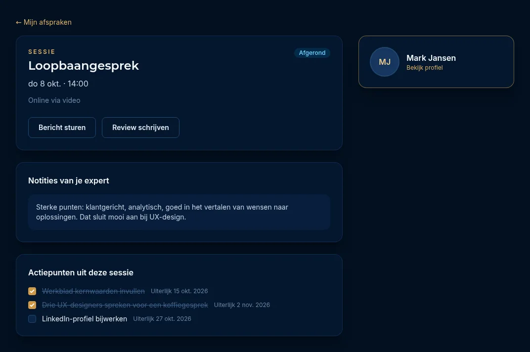 Een afgeronde afspraak met de blokken Notities van je expert en Actiepunten uit deze sessie
