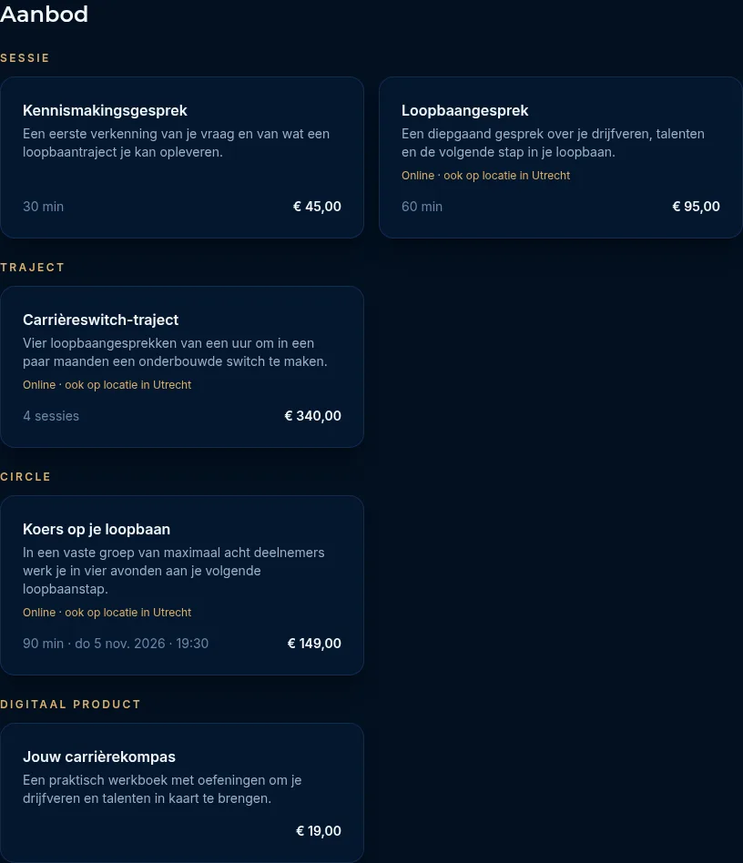 Het aanbod van een expert, gegroepeerd in Sessie, Traject, Circle en Digitaal product