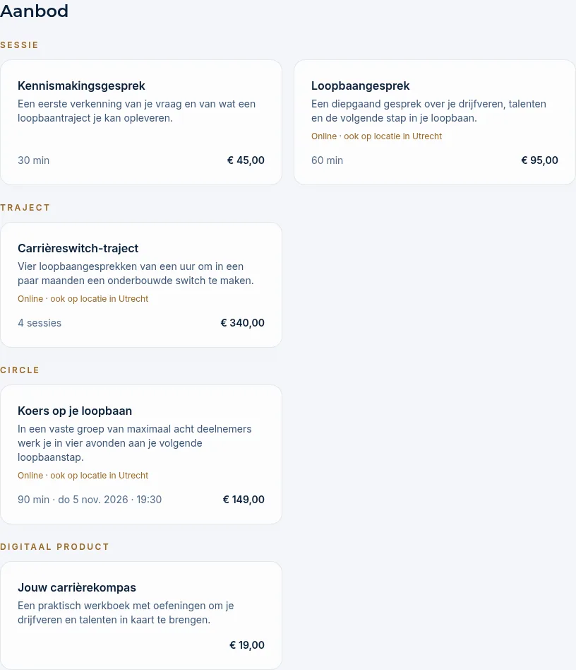 Het aanbod van een expert, gegroepeerd in Sessie, Traject, Circle en Digitaal product