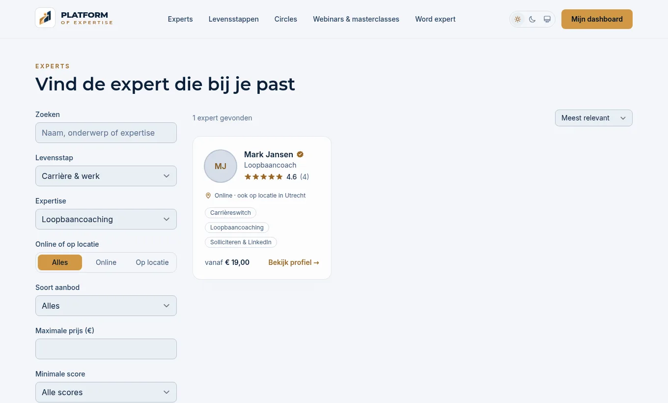 De pagina Vind de expert die bij je past met links de filters en rechts de experts
