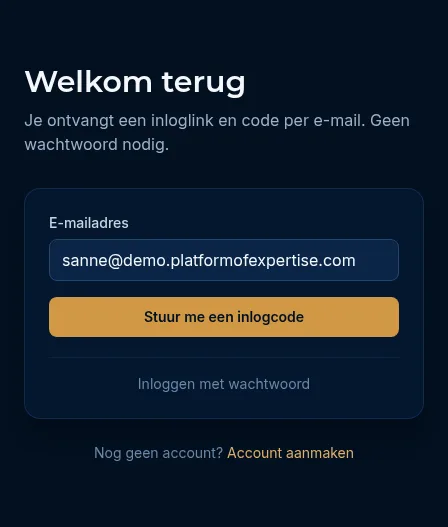 Het inlogscherm Welkom terug met het veld E-mailadres en de knop Stuur me een inlogcode