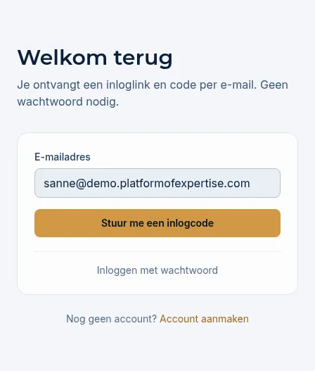 Het inlogscherm Welkom terug met het veld E-mailadres en de knop Stuur me een inlogcode