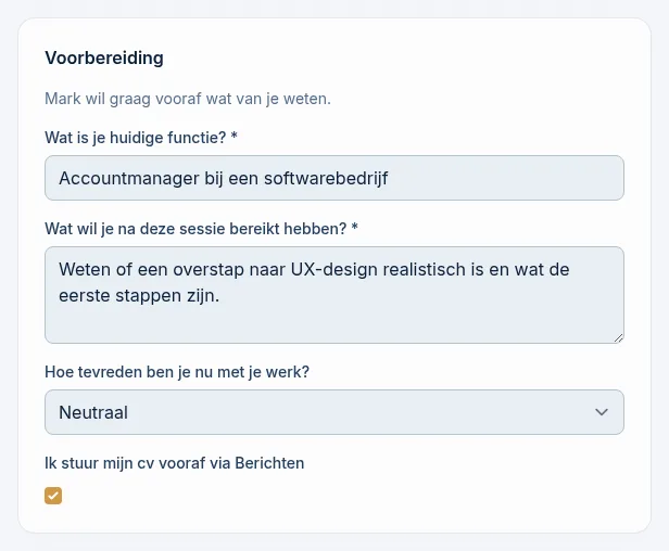 Het blok Voorbereiding met vragen over je huidige functie, je doel, je tevredenheid en een vinkje