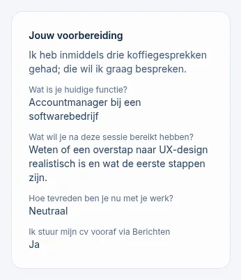 Het blok Jouw voorbereiding met de opmerking en per vraag het antwoord