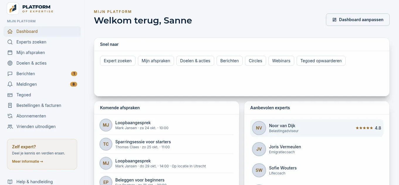 Het dashboard met de widgets Snel naar, Komende afspraken en Aanbevolen experts