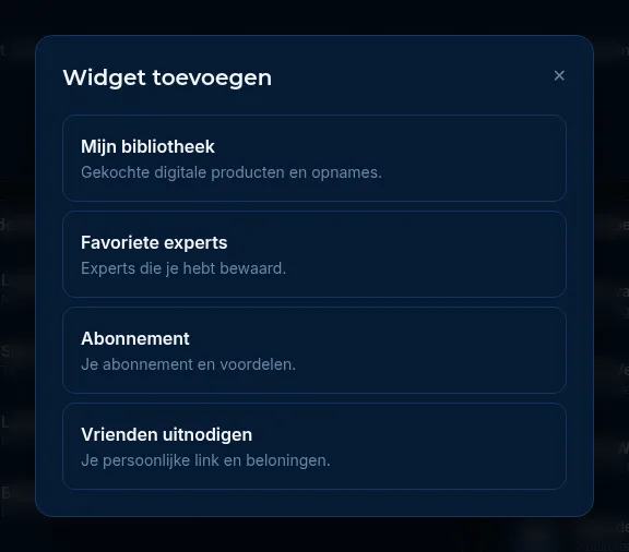 Het venster Widget toevoegen met onder meer Mijn bibliotheek en Favoriete experts