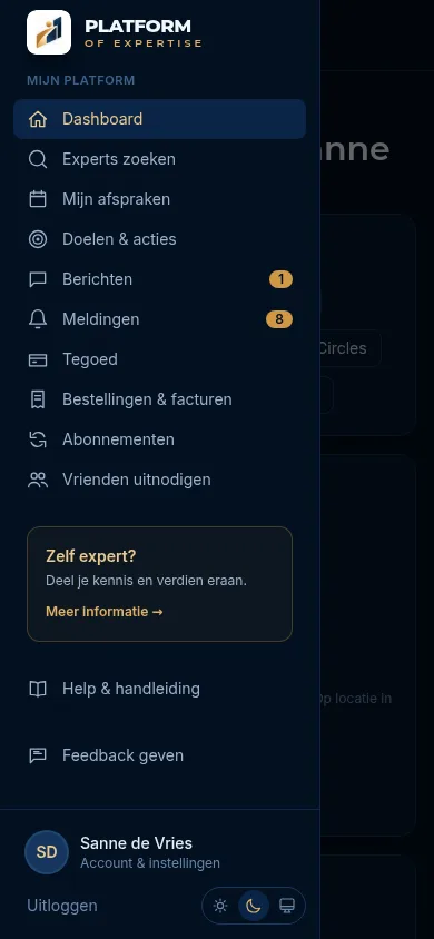 Het geopende menu op een smartphone met alle onderdelen van Mijn platform