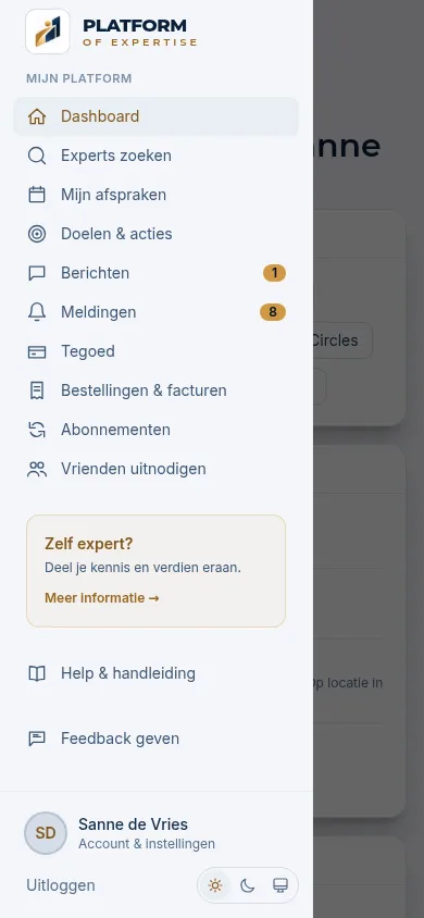 Het geopende menu op een smartphone met alle onderdelen van Mijn platform