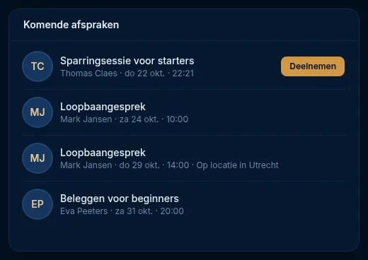 De widget Komende afspraken met naast de eerste afspraak de knop Deelnemen