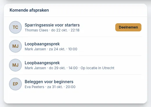 De widget Komende afspraken met naast de eerste afspraak de knop Deelnemen