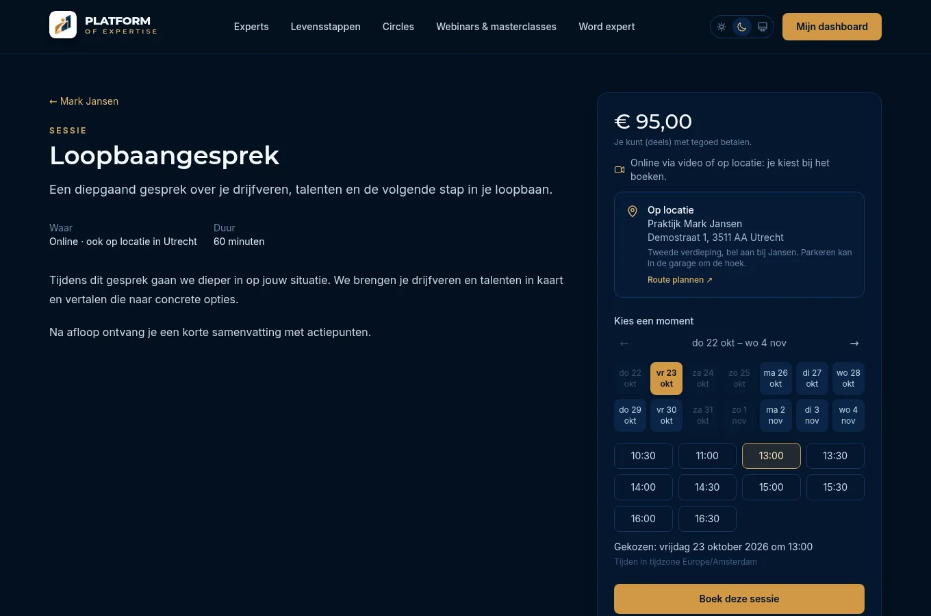 De aanbodpagina Loopbaangesprek met de prijs, de dagen en de tijdsloten, en de knop Boek deze sessie