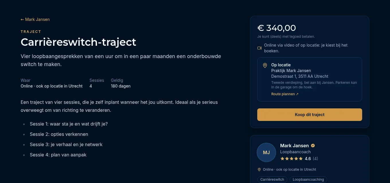 De aanbodpagina Carrièreswitch-traject met 4 sessies, 180 dagen geldig en de knop Koop dit traject